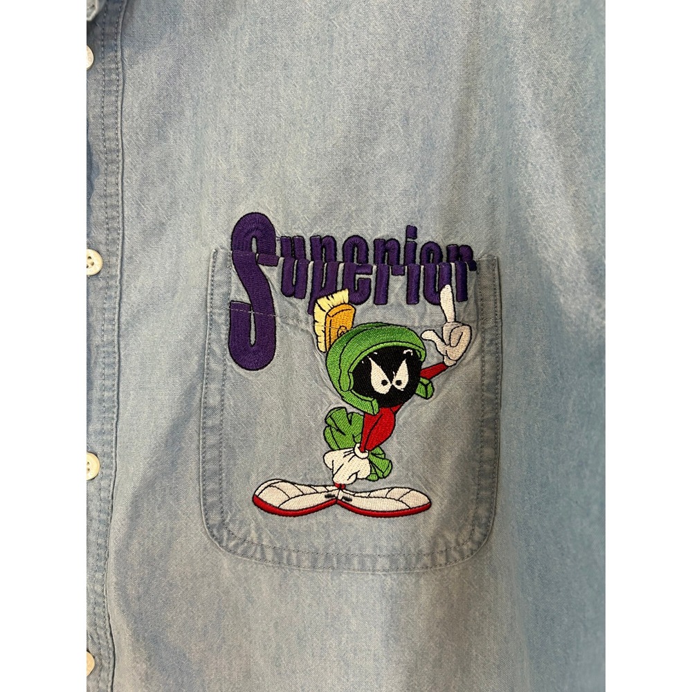 Denim Cartoon Embroidered Men's Shirt - Picture 2 of 11